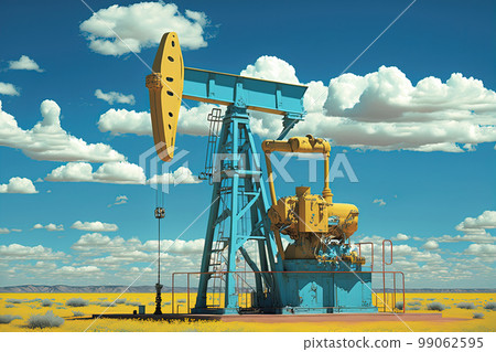 Oil pump rig. Pump Jack and barrel in desert on oilfield site. Oil and gas production. AI Oil pump rig. Pump Jack and barrel in desert on oilfield site. Oil and gas production. AI 99062595