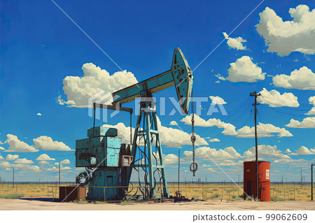 Oil pump rig. Pump Jack and barrel in desert on oilfield site. Oil and gas production. AI 99062609