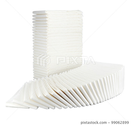 Disposable diapers are white, new, stacked in two neat large piles - vertical and fan-shaped, isolated on a white background. Disposable diapers are white, new, stacked in two neat large piles - vertical and fan-shaped, isolated on a white background. 99062899