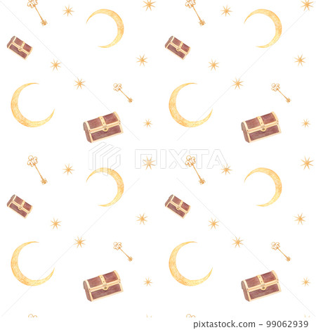 Watercolor seamless pattern with chest, feathers, keys, moons Watercolor seamless pattern with chest, feathers, keys, moons 99062939