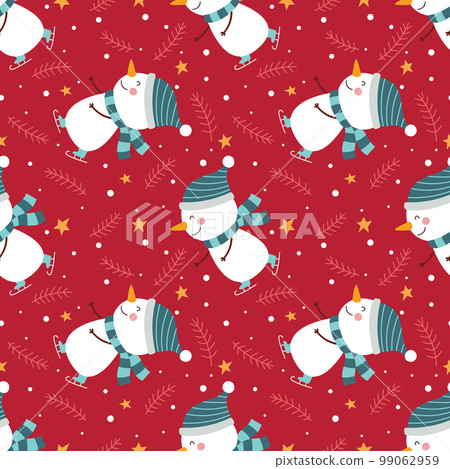Seamless winter pattern with funny snowmen on a red background. Seamless winter pattern with funny snowmen on a red background. 99062959