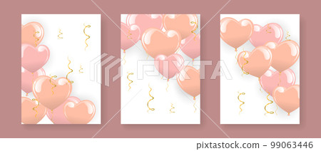 Set of luxury greeting posters with colorful heart balloons and golden serpentines. Birthday, wedding, valentine's day. Poster, banner, vector 99063446