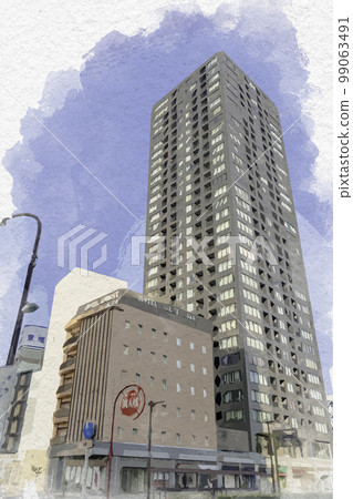 靜岡縣濱松市水彩風格的濱松站北口濱松登高廣場酒店和濱松城市大廈 99063491