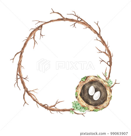 Wreath of brown branches and a nest with two eggs. Watercolor illustration. Isolated on a white background. Place for text or inscription. For rustic print design, easter cards, vintage stickers 99063907