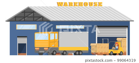 Warehouse building with cars and workers. Industrial storage Warehouse building with cars and workers. Industrial storage 99064319