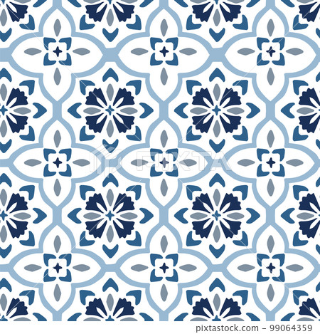 Portuguese azulejos floral tile design. Hand drawn ornamnetal blue Moroccan seamless pattern for Ramadan greeting cards. Islamic background, fabric, arabic web banner. Decorative vector illustrations. 99064359