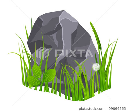 Green grass with gray rock. Game landscape element 99064363