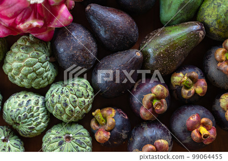 Set of Balinese fruits and vegetables . Flat lay 99064455
