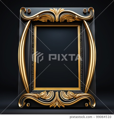 Golden ornamental frame on black bakcground. Retro golden frame with vintage ornament. Generative AI. Golden ornamental frame on black bakcground. Retro golden frame with vintage ornament. Generative AI. 99064510