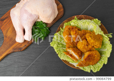 Chicken Strips Mockup, Breaded Nuggets on Lettuce, Crispy Fry Chicken Meat with Greens, Crunchy Fillet Pieces 99064799