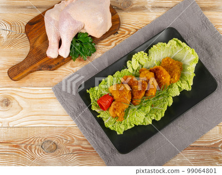 Chicken Strips Mockup, Breaded Nuggets on Lettuce, Crispy Fry Chicken Meat with Greens, Crunchy Fillet Pieces 99064801