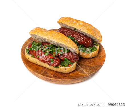 Choripan Sausage Sandwich Isolated, Traditional Chimichurri Bread with Chorizo and Chimichurri 99064813