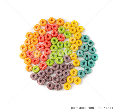 Colorful Breakfast Rings Pile Isolated. Fruit Loops, Fruity Cereal Rings, Colorful Corn Cereals Colorful Breakfast Rings Pile Isolated. Fruit Loops, Fruity Cereal Rings, Colorful Corn Cereals 99064844