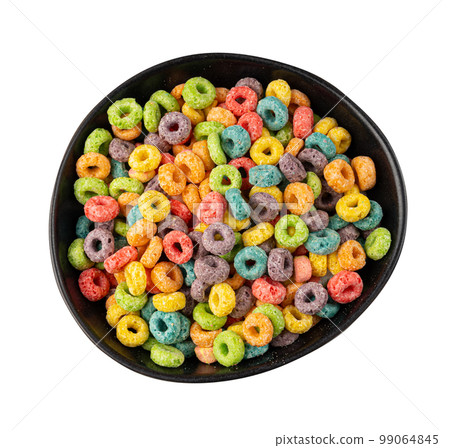 Colorful Breakfast Rings Pile in Bowl Isolated. Fruit Loops, Fruity Cereal Rings, Colorful Corn Cereals Colorful Breakfast Rings Pile in Bowl Isolated. Fruit Loops, Fruity Cereal Rings, Colorful Corn Cereals 99064845
