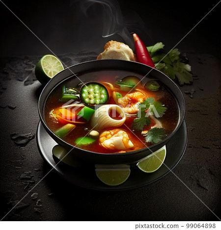 Tom yam soup isolated on black close-up. Appetizing Thai soup with seafood and vegetables. 99064898