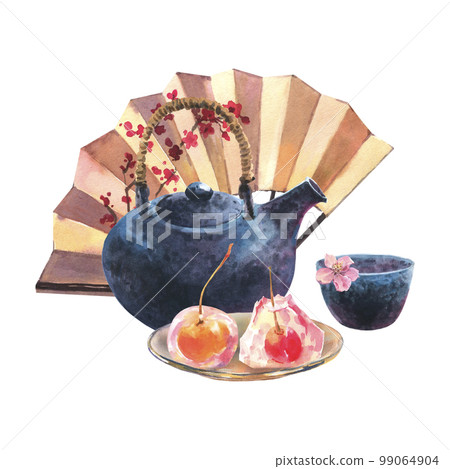 Watercolor asian tea set with dack blue teapot, blue cup of tea, jelly cherry on glass plate and Japan fan, isolate on white background 99064904