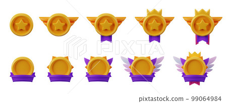 3D game badge set, avatar circle frame render, medieval fantasy ranking icon kit, wings, crown. 3D game badge set, avatar circle frame render, medieval fantasy ranking icon kit, wings, crown. 99064984