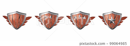 3D viking wooden shield, silver royal medieval game UI victory badge set, metal vintage knight armor 99064985