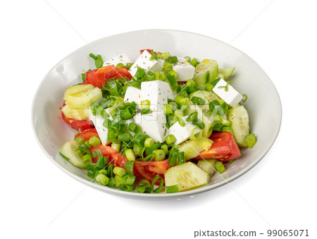 Greek Salad Isolated, Horiatiki Salat with Tomatoes, Cucumbers, Onion, Feta Cheese in White Bowl 99065071