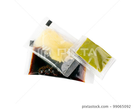 Sushi Sauces Set Isolated with Wasabi Sauce, Pickled Ginger, Soy Souse Teriyaki in Square Plastic Bags 99065092