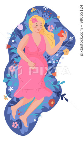 Sleeping pregnant woman with heart in hand. Floral composition 99065124