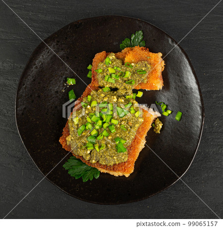 White Fish with Pesto, Grilled Cod Fillet with Green Sauce, Crispy Amritsari in Breadcrumbs, Pesto Fish 99065157