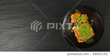 White Fish with Pesto, Grilled Cod Fillet with Green Sauce, Crispy Amritsari in Breadcrumbs, Pesto Fish White Fish with Pesto, Grilled Cod Fillet with Green Sauce, Crispy Amritsari in Breadcrumbs, Pesto Fish 99065158