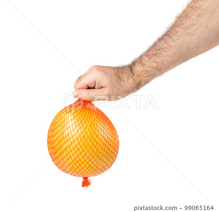 Pomelo Fruit in Plastic Mesh Packaging Isolated on White, Yellow Whole Pomelo on White Background, Clipping Path 99065164