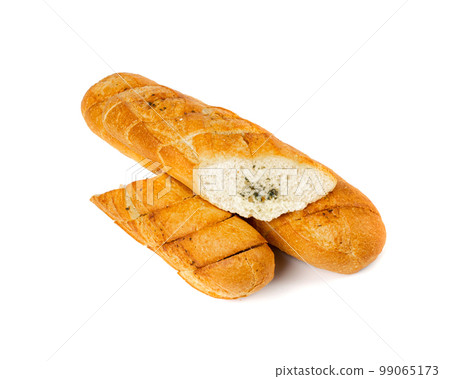 Baguette with Garlic Butter and Aromatic Herbs Isolated, Garlic Bread, Top View Food Photography 99065173