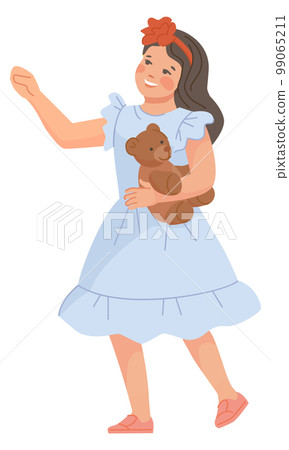 Cute little girl with teddy bear. Kid in white dress 99065211