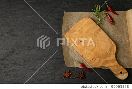 Old Wood Cutting Board Mockup, Vintage Chopping Board Background, Empty Cut Desk Top View 99065328