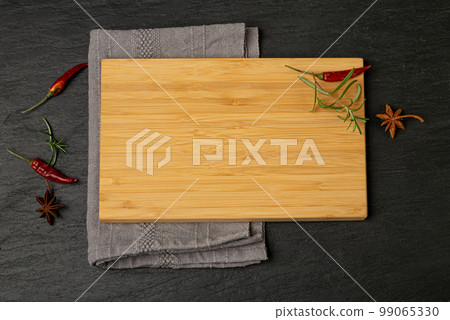 Old Wood Cutting Board Mockup, Vintage Chopping Board Background, Rustic Napkin, Empty Cut Desk Top View 99065330
