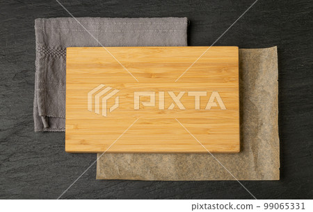 Old Wood Cutting Board Mockup, Vintage Chopping Board Background, Rustic Napkin, Empty Cut Desk Top View 99065331