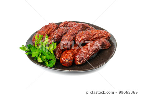 Dry Smoked Sausages Isolated, Salami Sticks, Kielbasa, Cabanossi, Kabanos, Dry Embutido, Chorizo, Bratwurst 99065369
