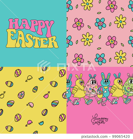 Retro greeting Easter cards set in vivid groovy 70s-80s style. Spring backgrounds, retro cartoon characters and lettering text. Vector contou hand drawn illustration. Retro greeting Easter cards set in vivid groovy 70s-80s style. Spring backgrounds, retro cartoon characters and lettering text. Vector contou hand drawn illustration. 99065420