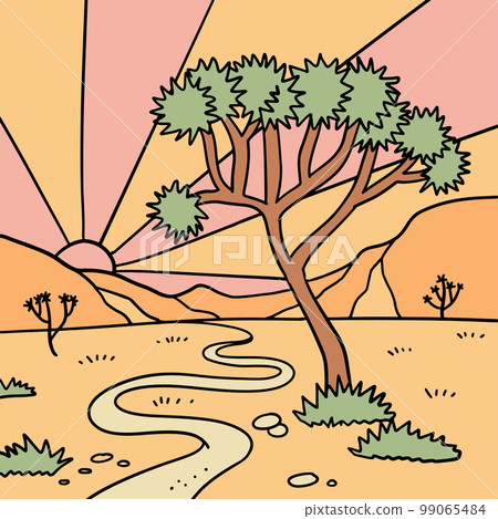 Joshua desert with trees landscape. America wild west nature dusty desert with arizona prairie, path and canyon rocks. Hand drawn linear vector illustration. Joshua desert with trees landscape. America wild west nature dusty desert with arizona prairie, path and canyon rocks. Hand drawn linear vector illustration. 99065484