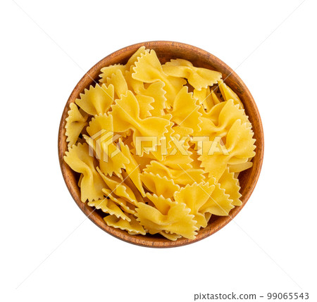 Raw Farfalle Pasta Isolated, Yellow Dry Noodles, Wheat Bow Macaroni, Uncooked Farfalle Top View 99065543