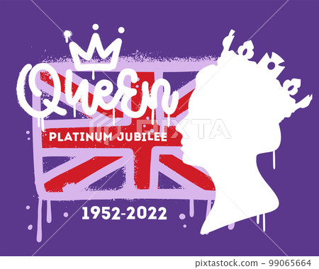 Urban graffiti for Queen Platinum Jubilee 1952-2022 with flag, female profile and crown. Greeting card for celebrate. Vector textured hand drawn illustration or banner, badge, flyer, brochure. Urban graffiti for Queen Platinum Jubilee 1952-2022 with flag, female profile and crown. Greeting card for celebrate. Vector textured hand drawn illustration or banner, badge, flyer, brochure. 99065664