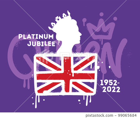 Wall art street graffiti style concept for Platinum Jubilee 1952-2022. Queen side profile with crown, flag, splash effect and drops. Print for graphic tee, poster. Vector hand drawn illustration Wall art street graffiti style concept for Platinum Jubilee 1952-2022. Queen side profile with crown, flag, splash effect and drops. Print for graphic tee, poster. Vector hand drawn illustration 99065684