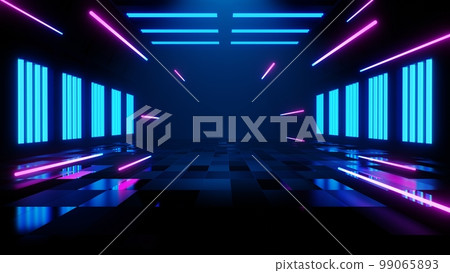 3d technology abstract neon light background, empty space scene, spotlight, dark night, virtual reality, cyber futuristic sci-fi background, street floor studio for mock up. colored geometric. 99065893