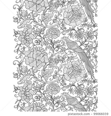 Fantasy flowers and pheasant bird in retro, vintage, chinese silk 99066039