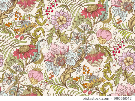 Fantasy flowers in retro, vintage, jacobean embroidery style. 99066042