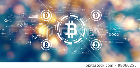 Bitcoin theme with blurred city at night 99066253