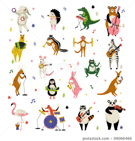 Funny Animal Musician Character Playing Musical Instrument Performing Concert Vector Set 99066466