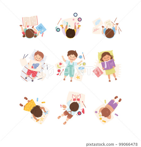 Little Kids Drawing, Painting and Reading Book Above View Vector Set 99066478
