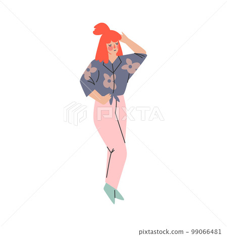 Redhead girl in 80s fashionable street style outfit. Stylish girl in trendy clothing and hairstyle of 80s cartoon vector illustration 99066481