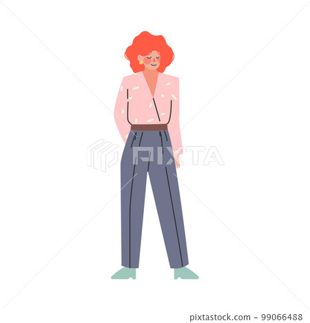 Beautiful young woman in 80s fashion style clothes and hairstyle. Businesswoman in retro style fashion outfit cartoon vector illustration Beautiful young woman in 80s fashion style clothes and hairstyle. Businesswoman in retro style fashion outfit cartoon vector illustration 99066488