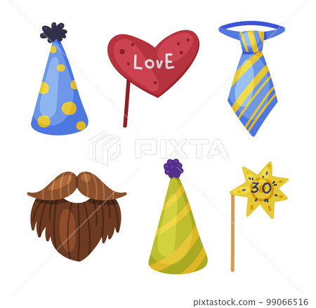 Colorful Party Birthday Photo Booth Prop with Beard, Tie and Cone Hat Vector Set Colorful Party Birthday Photo Booth Prop with Beard, Tie and Cone Hat Vector Set 99066516