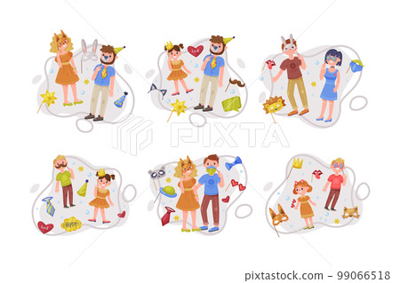 People Character Holding Mask on Pole as Party Birthday Photo Booth Prop Vector Composition Set People Character Holding Mask on Pole as Party Birthday Photo Booth Prop Vector Composition Set 99066518