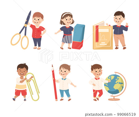 Cute Boy and Girl with Huge School Stationery Objects Vector Set Cute Boy and Girl with Huge School Stationery Objects Vector Set 99066519